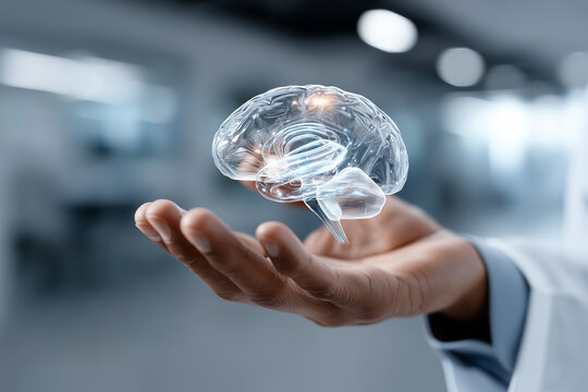 Scientific brain creative, palm of hand holding, medical innovation concept, neural structure display, healthcare technology visual, cognitive research imagery, intellectual proper