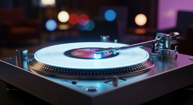 DJ turntable with glowing vinyl record in dark room