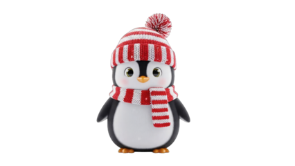 Cute cartoon penguin wearing red and white striped winter hat isolated on transparent background