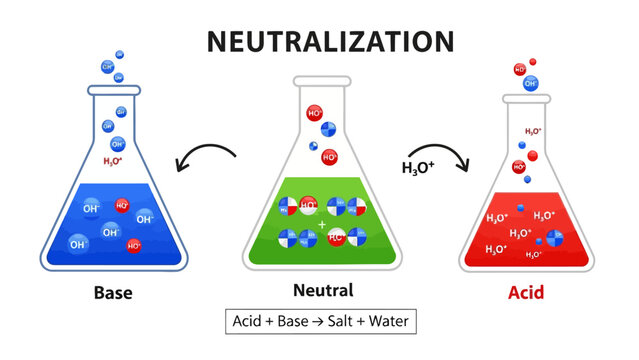Neutralization illustration showing flasks with chemical solutions