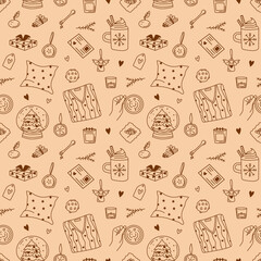 Cozy homey winter seamless vector pattern of whimsical festive doodle elements of sweater, letters, sweet food, hot drinks, snow globe, plants, candles on beige background.