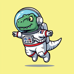 Obraz premium Cartoon Dinosaur Astronaut Flying in Space on Yellow Background