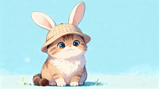 small tabby kitten with large, expressive eyes, wearing a plaid bucket hat with oversized bunny ears attached, against a simple, bright blue background, conveying cute, sweet, and fun pet art
