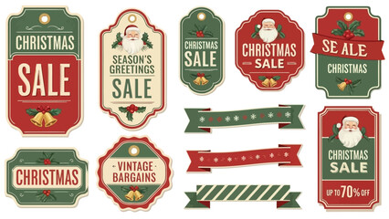 Vector illustration of collection of vintage christmas sale and season greeting tag labels with festive holiday design elements