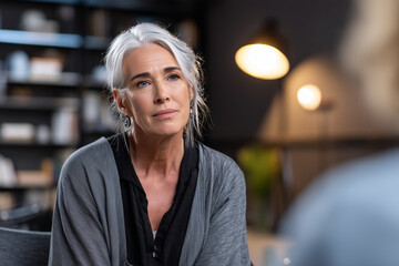 A compassionate female therapist in her 50s with silver hair sits across from an unseen client, hands gently folded, expression calm and receptive. Soft diffused lighting from a fl