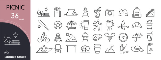 Picnic icons set for food, basket, outdoor fun, blanket, drink, fruits, snacks, and family activities. Editable stroke.