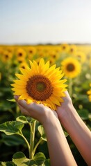 Fototapeta premium Hands holding bright sunflower in field at sunset
