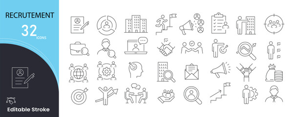 Recruitment icons set for hiring, CV, interview, job application, human resources, and candidate search. Editable stroke.
