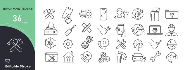 Repair and maintenance icons set for fixing, tools, mechanics, inspection, service, and technical support. Editable stroke. 