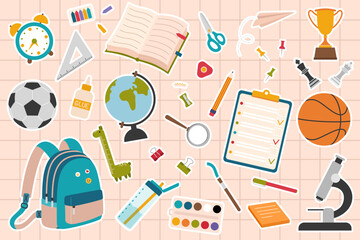 Sticker set of school supplies with boyish elements. Vector illustration for study, school, university. Colorful stationery for back to school projects. Isolated design for education materials.