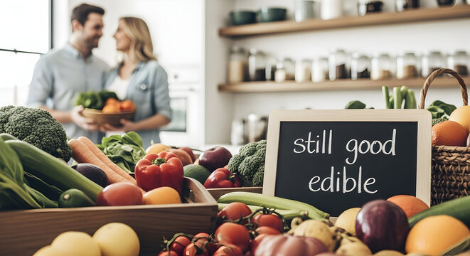 Embracing Sustainable Living A Couple's Commitment to Reduce Food Waste and Promoting Edible Food Awareness in a Modern Kitchen Environment with Fresh Produce and Awareness