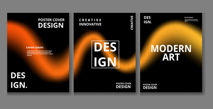 Collection of three modern abstract poster covers featuring vibrant orange and yellow blurred light waves against a stark, ideal for design promotion