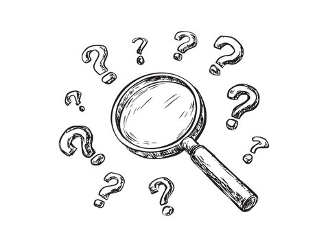 Hand drawn magnifying glass doodle cartoon with question mark searching for hidden answers illustration