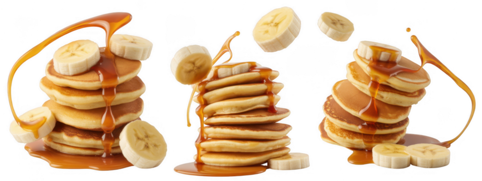 Three stacks of golden brown pancakes drizzled with caramel sauce and topped with banana slices isolated on a transparent background
