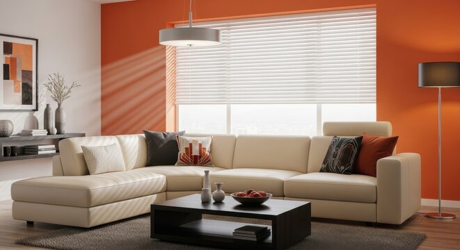 Modern beige sectional sofa with orange accent walls