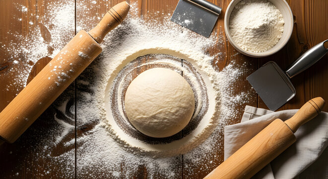 Baking Bliss Dough Preparation Flour Rolling Pin Kitchen Utensils Homemade Food Culinary Art Delicious Bread Making Bakery Products Crafting Cooking Table Top View