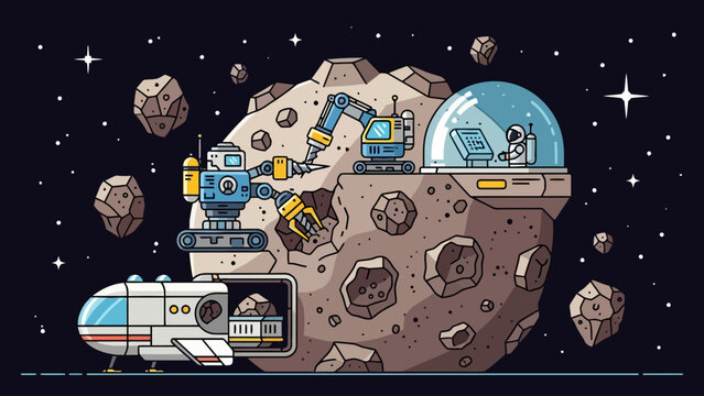 Pixel art scene of robots and astronaut mining an asteroid in space