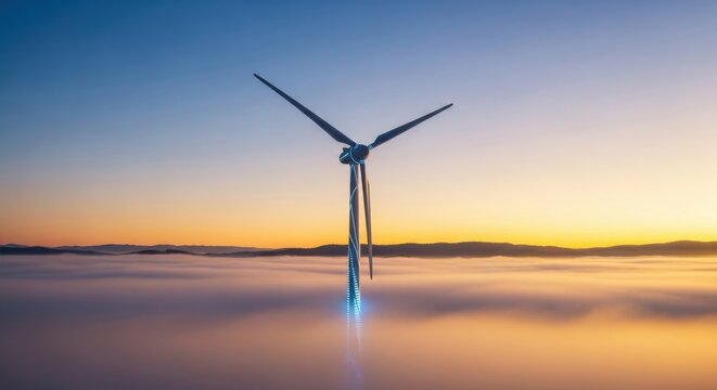 Futuristic wind turbine at dawn over foggy landscape