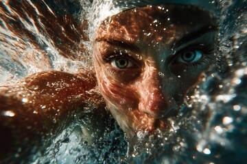 Fototapeta premium Female swimmer submerged in water, capturing dynamic underwater moment with bubbles and light