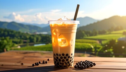 Bubble tea in a clear plastic cup sits outdoors against a mountain background on a wooden surface