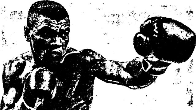 Boxer delivering a punch in a dynamic position. Black and white vector illustration showcasing athleticism and strength in a traced style.