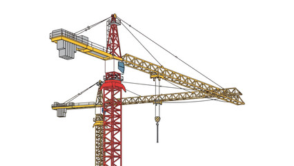 Two construction tower cranes with yellow and red structures