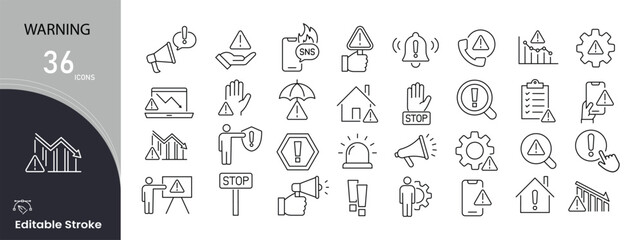 Warning icons set for alert, danger, caution, signal, hazard, emergency, and safety signs. Editable stroke.