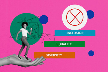 Creative design composite trend artwork collage of huge hand hold lady walk smile diversity equality inclusion ladder inclusive stop sign