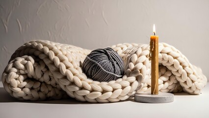 Cozy Chunky Knit Blanket with Yarn and Candle Warmth