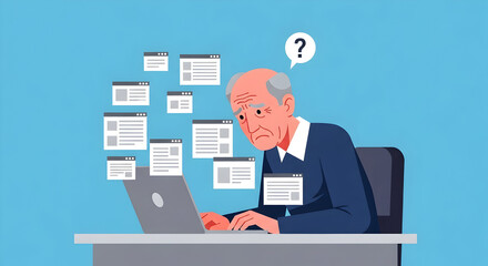 Digital Divide Senior Challenges Overwhelmed Elderly Man Confronting Complex Tech Interfaces Frustrated by Online Content Struggling with Computer Use Difficulty Adapting to New Technologies