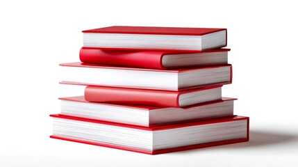 Stack of red books arranged neatly on white background. This image showcases a bright color scheme and minimalistic style. Perfect for educational and creative projects. AI