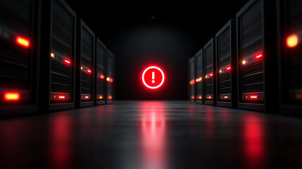 server outage, offline servers, warning symbol, dark data center, glowing red lights, cyber illustration, high detail, modern flat design, minimalistic, digital art