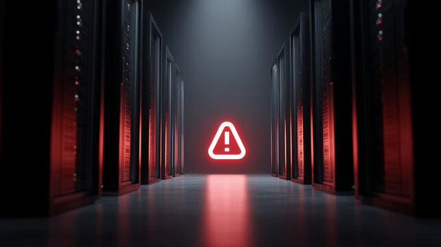 server outage, offline servers, warning symbol, dark data center, glowing red lights, cyber illustration, high detail, modern flat design, minimalistic, digital art - Powered by Adobe