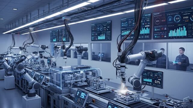 Automated robotic arms working on a production line in a smart factory with human supervision.