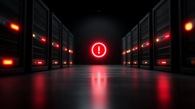 server outage, offline servers, warning symbol, dark data center, glowing red lights, cyber illustration, high detail, modern flat design, minimalistic, digital art
