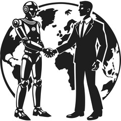 Fototapeta premium Robot and businessman shaking hands in front of a stylized globe representing global partnership