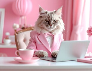 Cat in a pink suit typing on a laptop in a pink room with a coffee cup on the desk