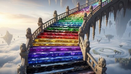 A fantastical rainbow staircase ascends through ethereal clouds towards a bright hopeful sky
