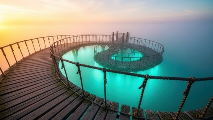 Serene spiral walkway over illuminated turquoise water at sunset