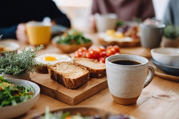 Friends gathering for a mindful breakfast of fruits and coffee