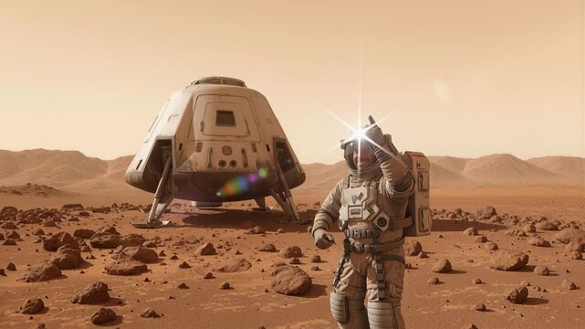 Mars astronaut celebrates successful landing on red planet. Smiling man gives thumbs up gesture near spacecraft. Camera pulls back from close-up.