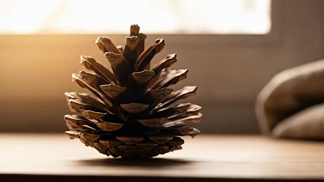 A close-up shot of a pine cone resting on a wooden surface, with soft natural light illuminating it from the side.