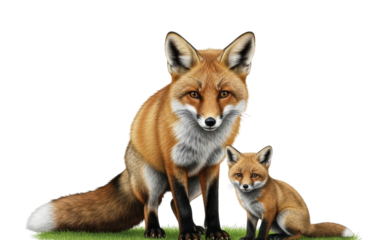 Playful red fox family in natural habitat wildlife isolated on transparent background