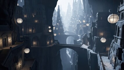 Mystical ancient city illuminated by ethereal light with glowing orbs and a stone bridge