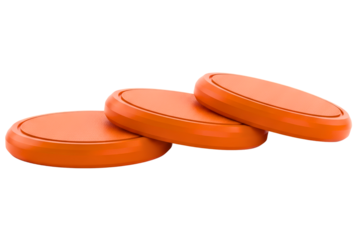 Three orange clay pigeon shooting targets arranged in a row isolated on transparent background