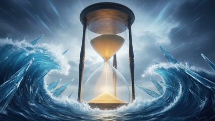 Epic hourglass stands against crashing waves symbolizing time s unstoppable force