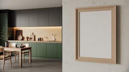 Modern interior design, kitchen dining area with blank wooden frame mockup on wall