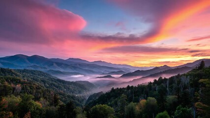 Vibrant sunrise over layered mountains and misty forest valley