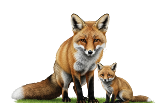 Playful red fox family in natural habitat wildlife isolated on transparent background