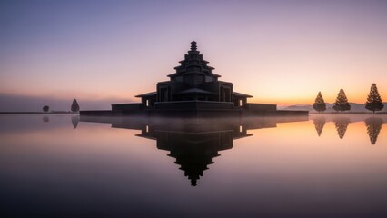 Magnificent temple structure mirrored in calm water at sunrise with soft hues